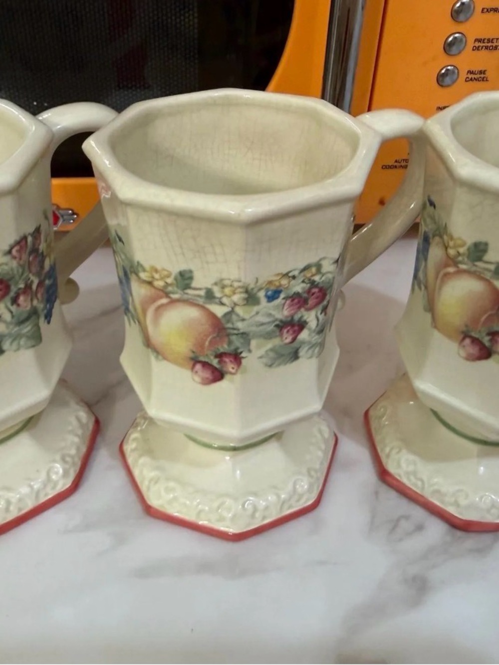 Avon Cream Ceramic Octagonal Fruit and Floral Mugs with Red Trim